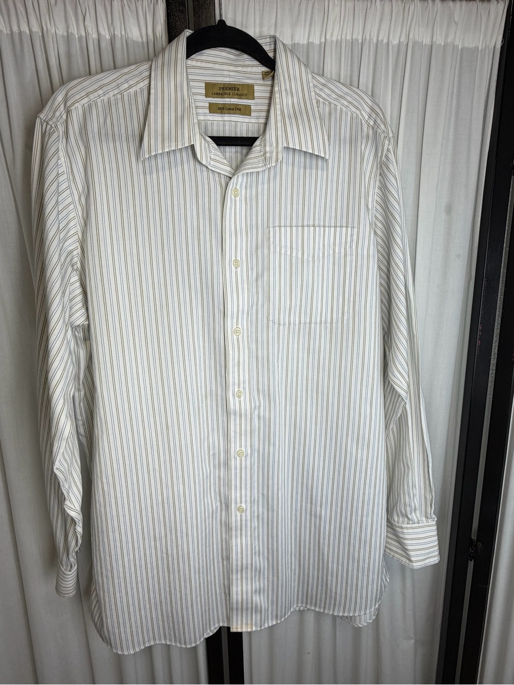 Classic Men's Long-Sleeve Stripe Button-Up Shirt - White with Tan Stripes